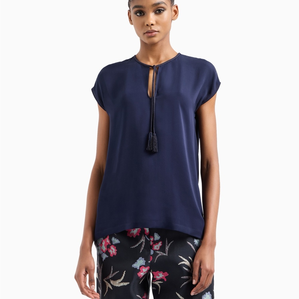 Giorgio Armani Main Line Galaxy Blue 100% Silk Georgette Keyhole Blouse, Size 4